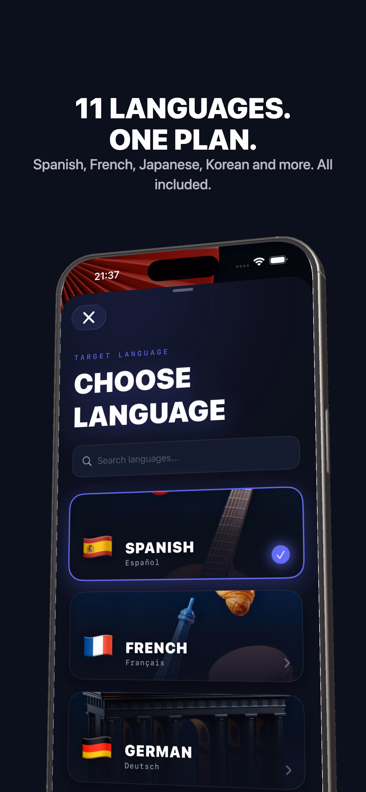 Nomino language selector showing 11 supported languages