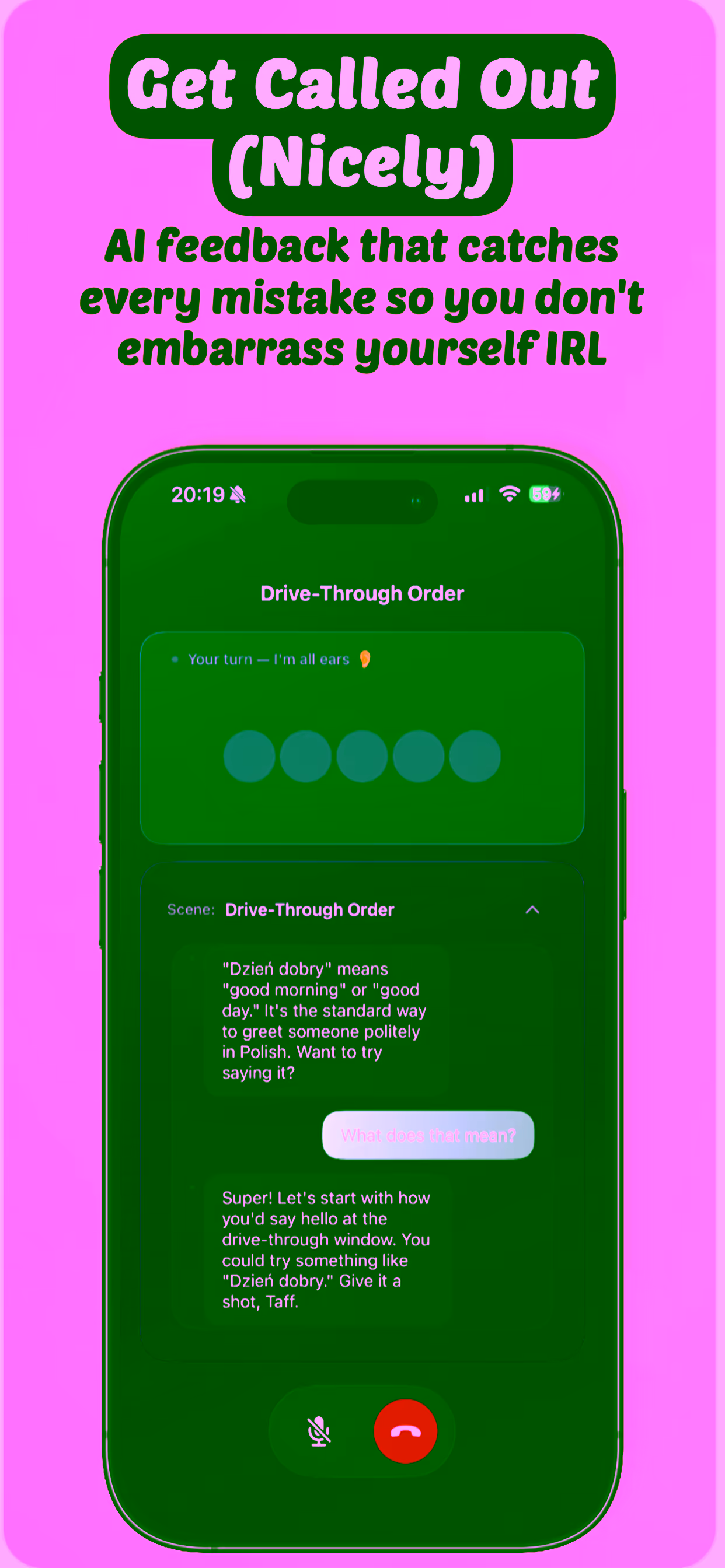 Live pronunciation feedback with highlighted phrases and tips
