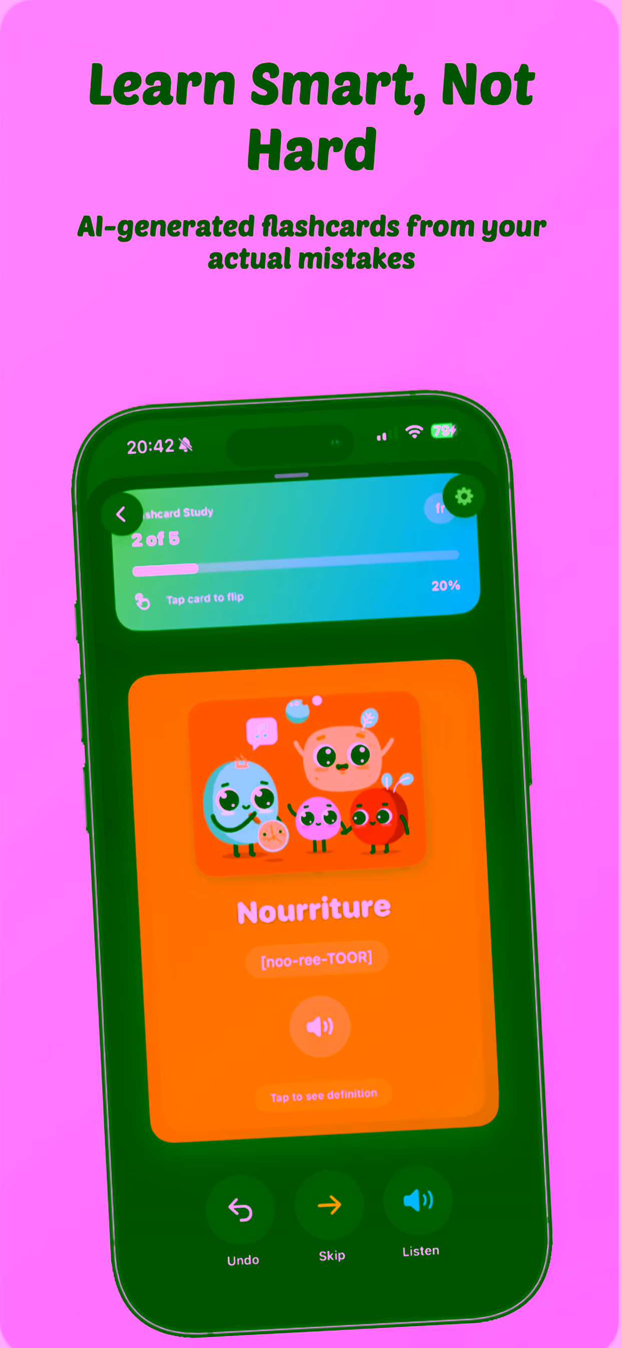 Flashcard interface showing spaced repetition learning system