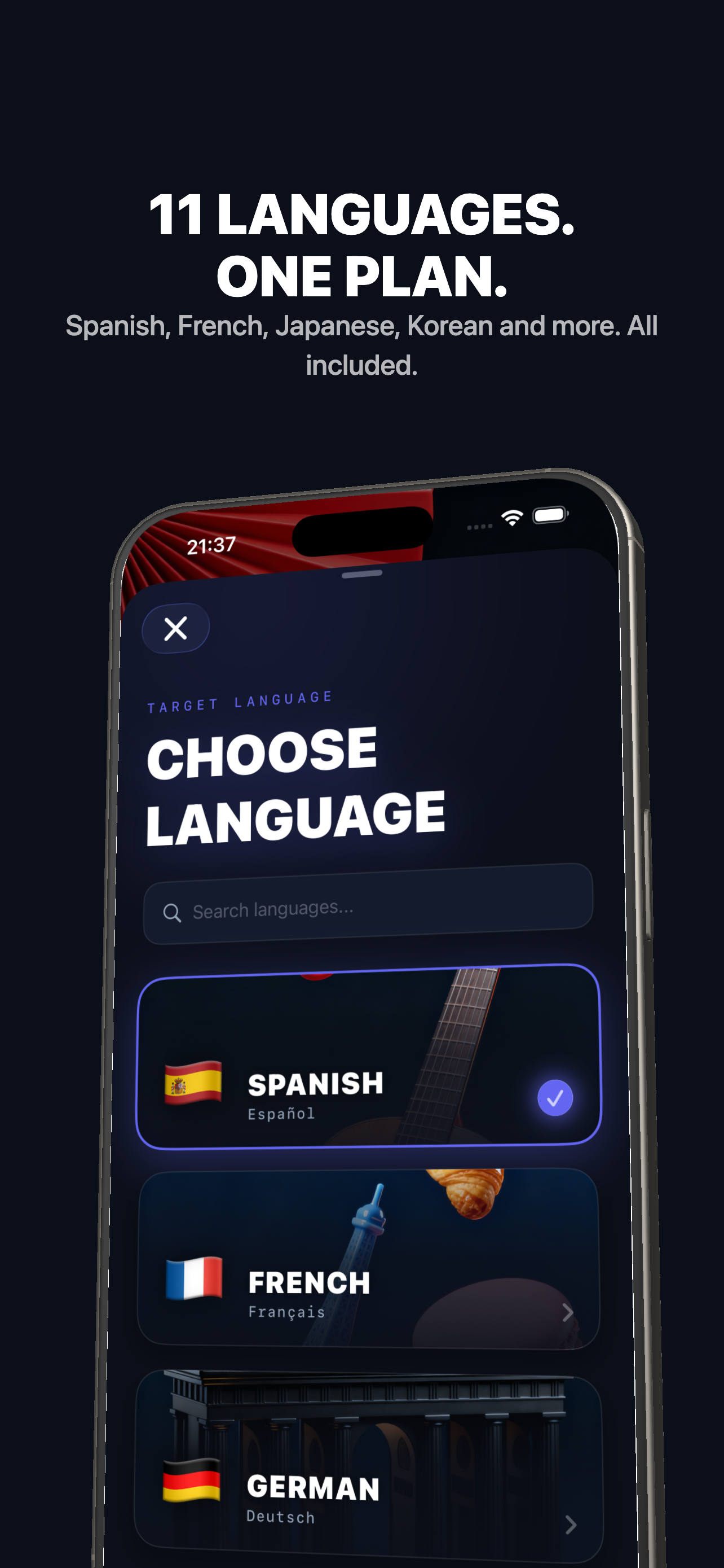 Nomino language selector showing Spanish, French, German and more
