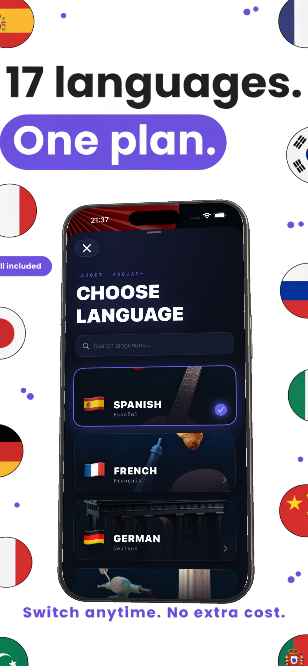Nomino language selector showing 11 supported languages