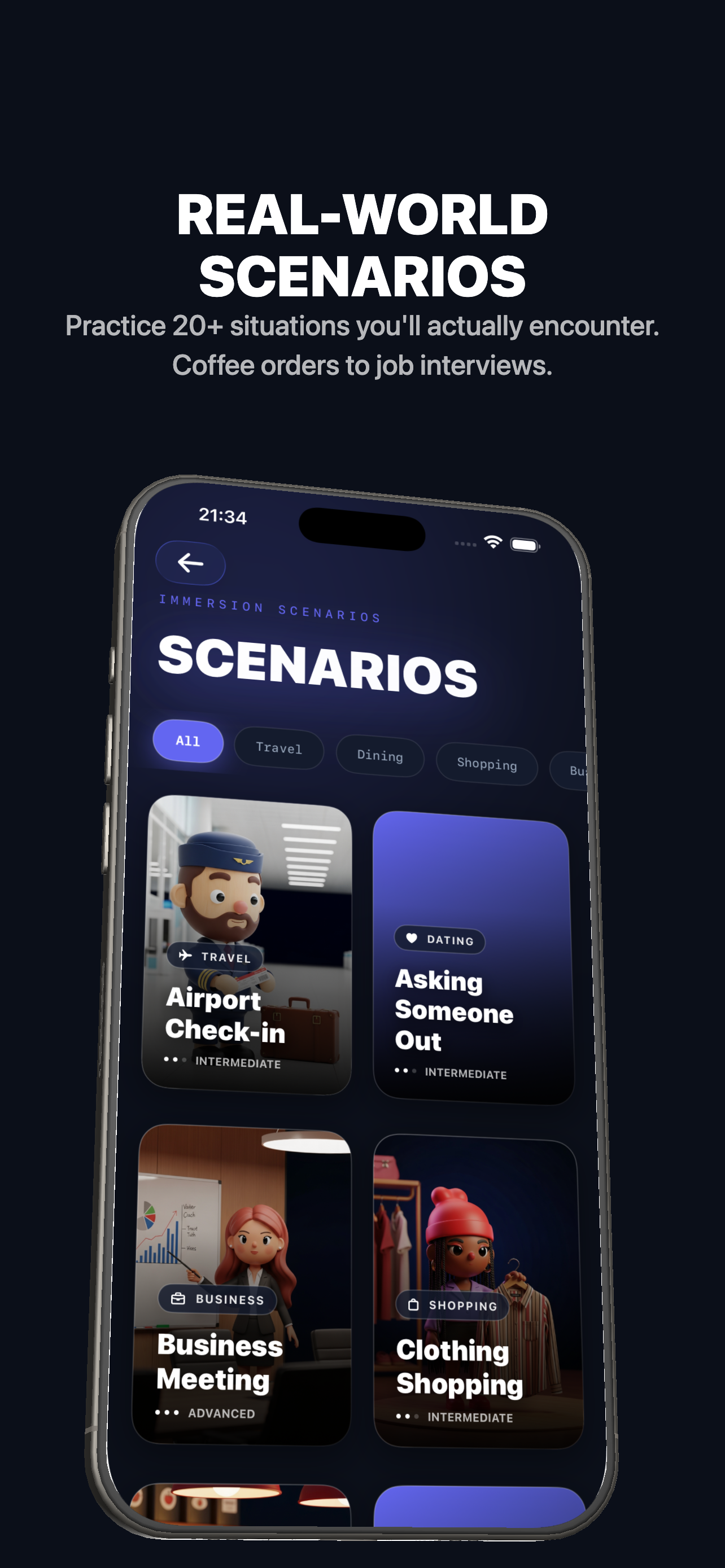 Nomino scenario library showing airport check-in, business meeting, and dating scenarios