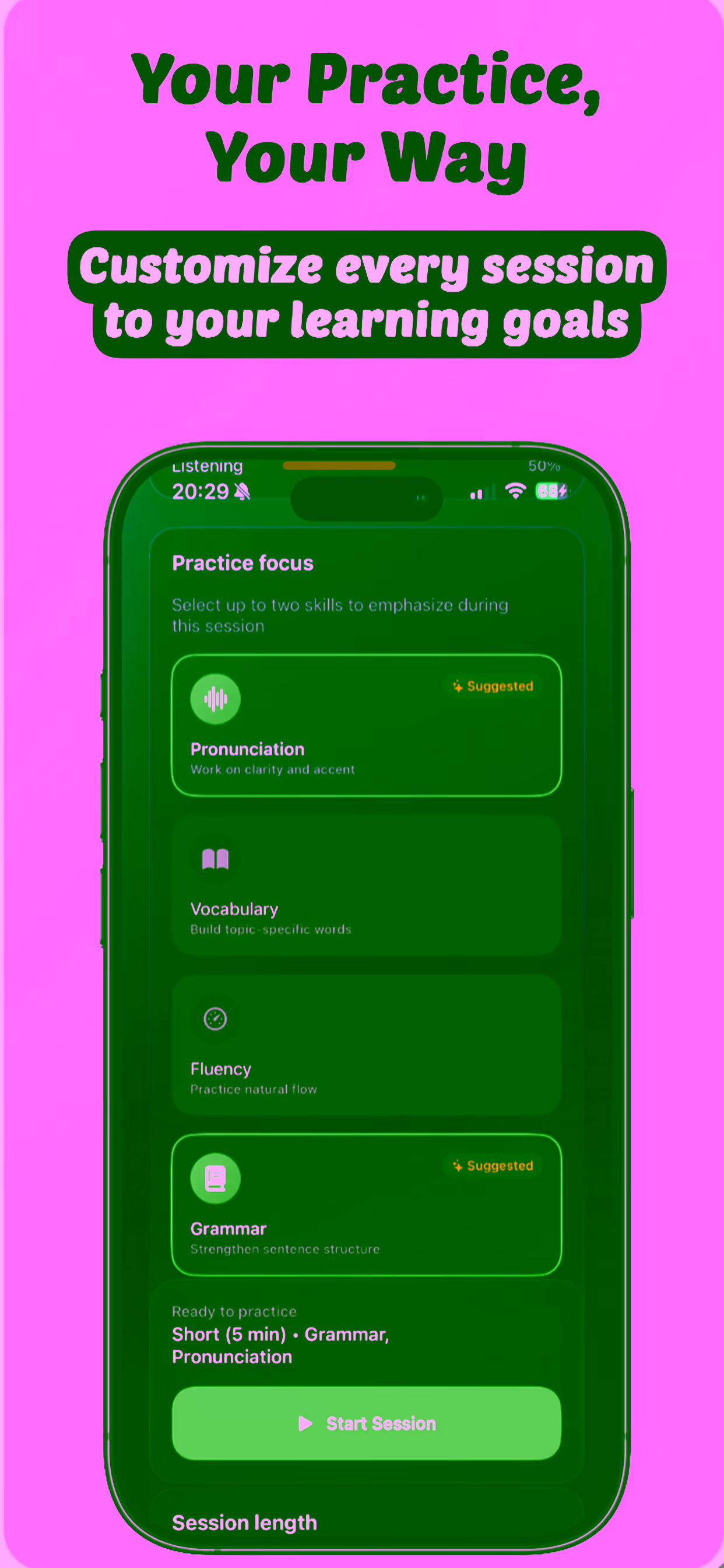 Session focus picker with pronunciation and grammar