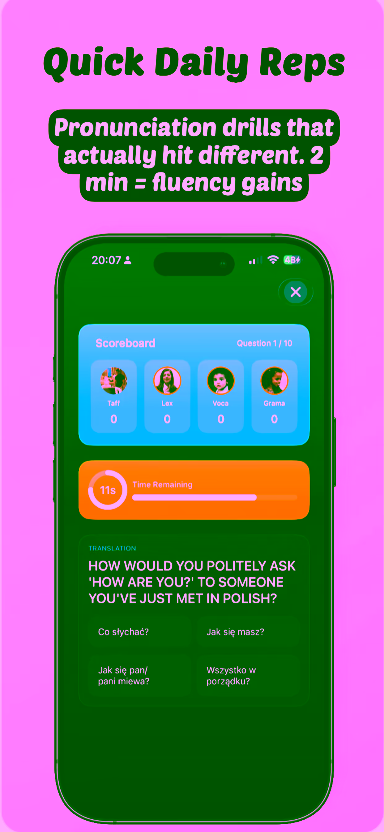 Trivia game interface showing language learning questions
