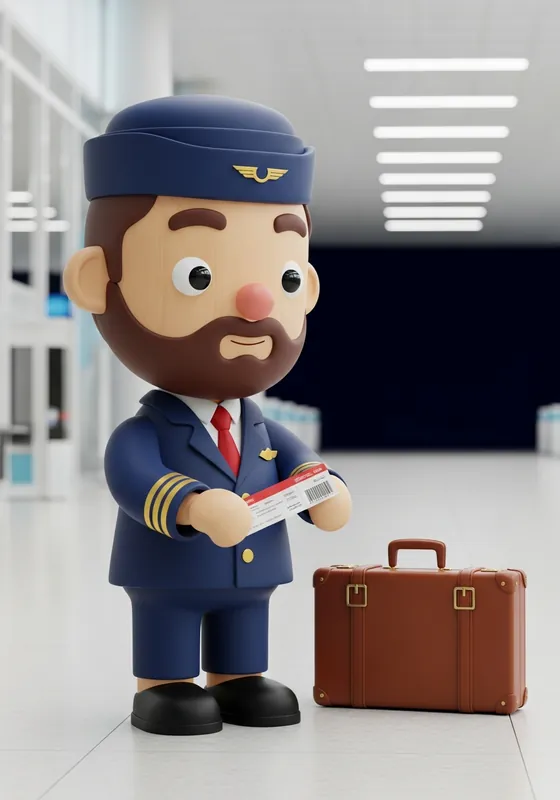 3D character of an airline pilot at airport check-in