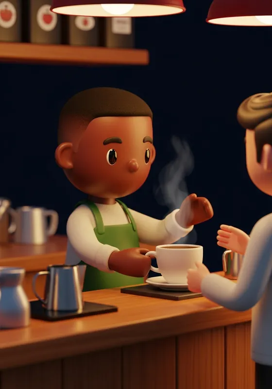 3D character of a barista serving coffee
