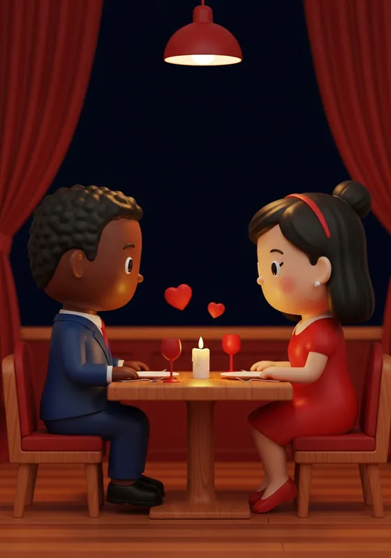3D characters on a first date at a restaurant
