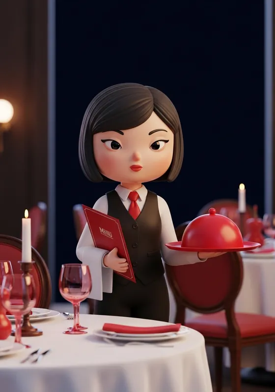 3D character of a waitress in a restaurant