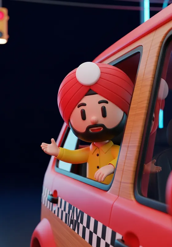 3D character of a taxi driver waving from his cab