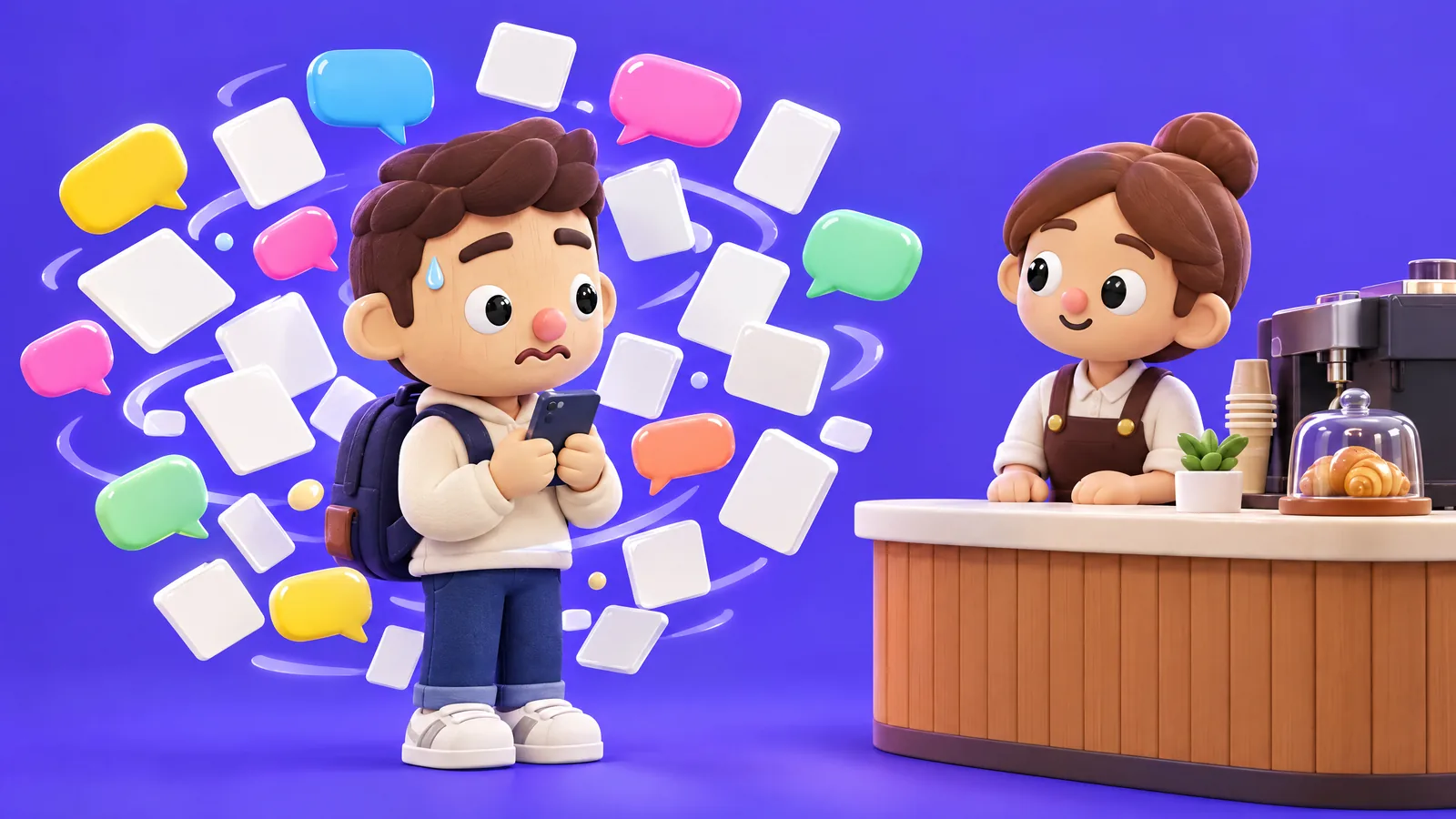3D illustration of a nervous learner frozen in a whirl of flashcards while a smiling barista waits for his order