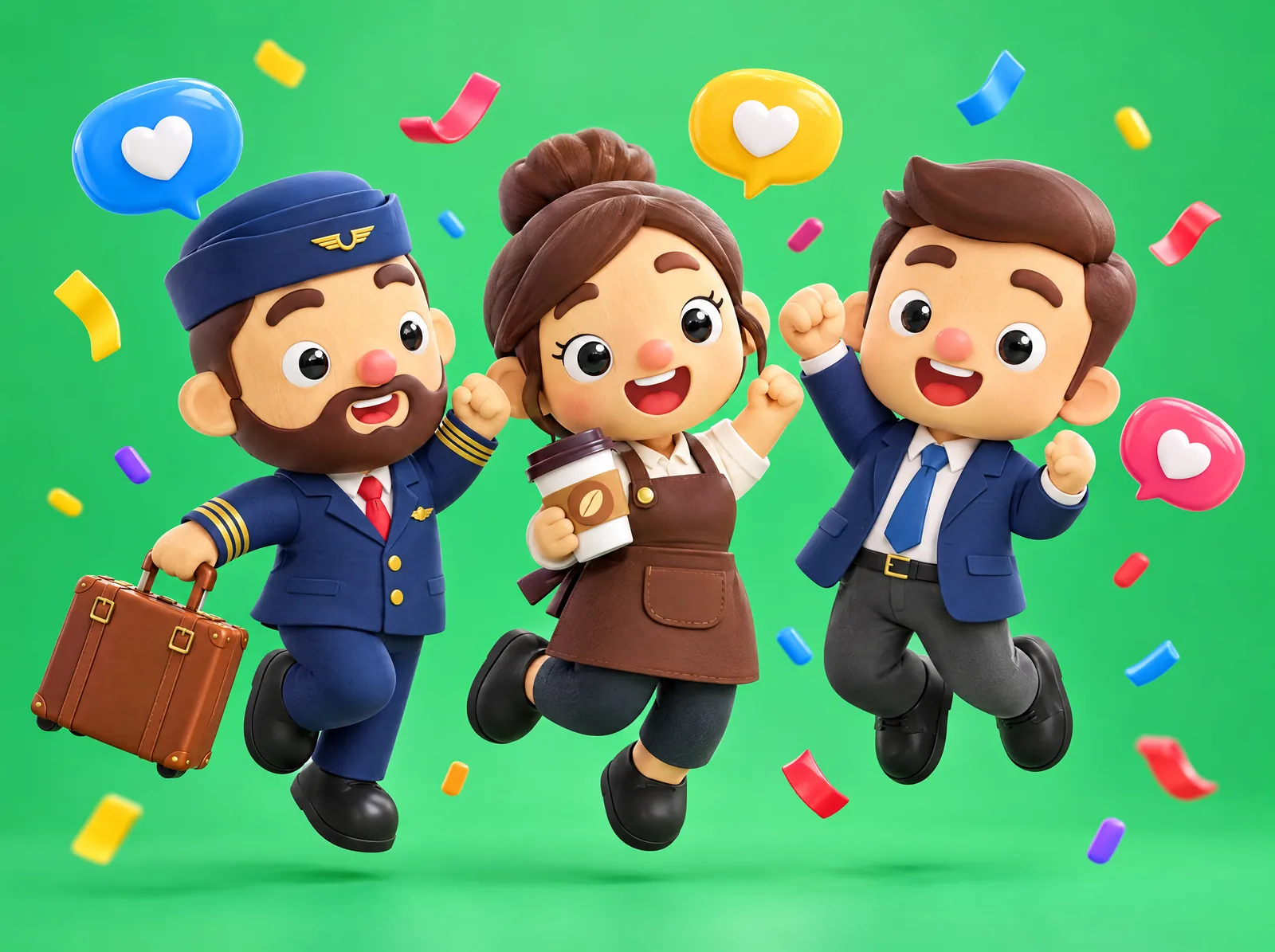 Three 3D characters — a pilot, a barista and a professional — jumping for joy