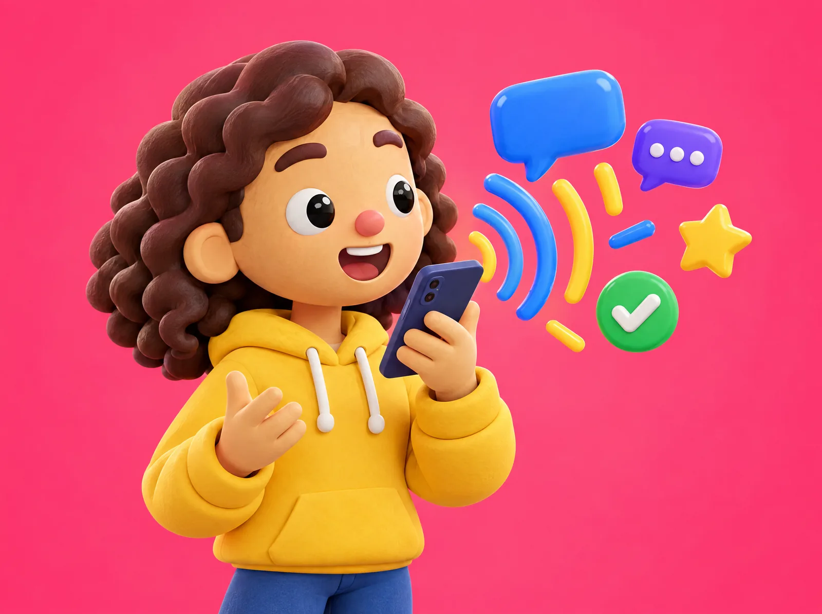 3D illustration of a learner speaking into their phone as speech bubbles and a green checkmark pop out