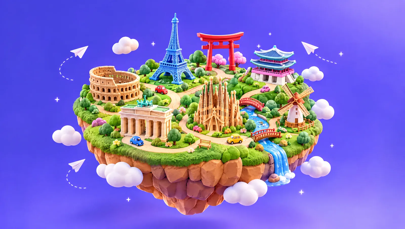 3D floating island with world landmarks: the Eiffel Tower, a Japanese torii gate, a Korean palace, the Colosseum and the Brandenburg Gate