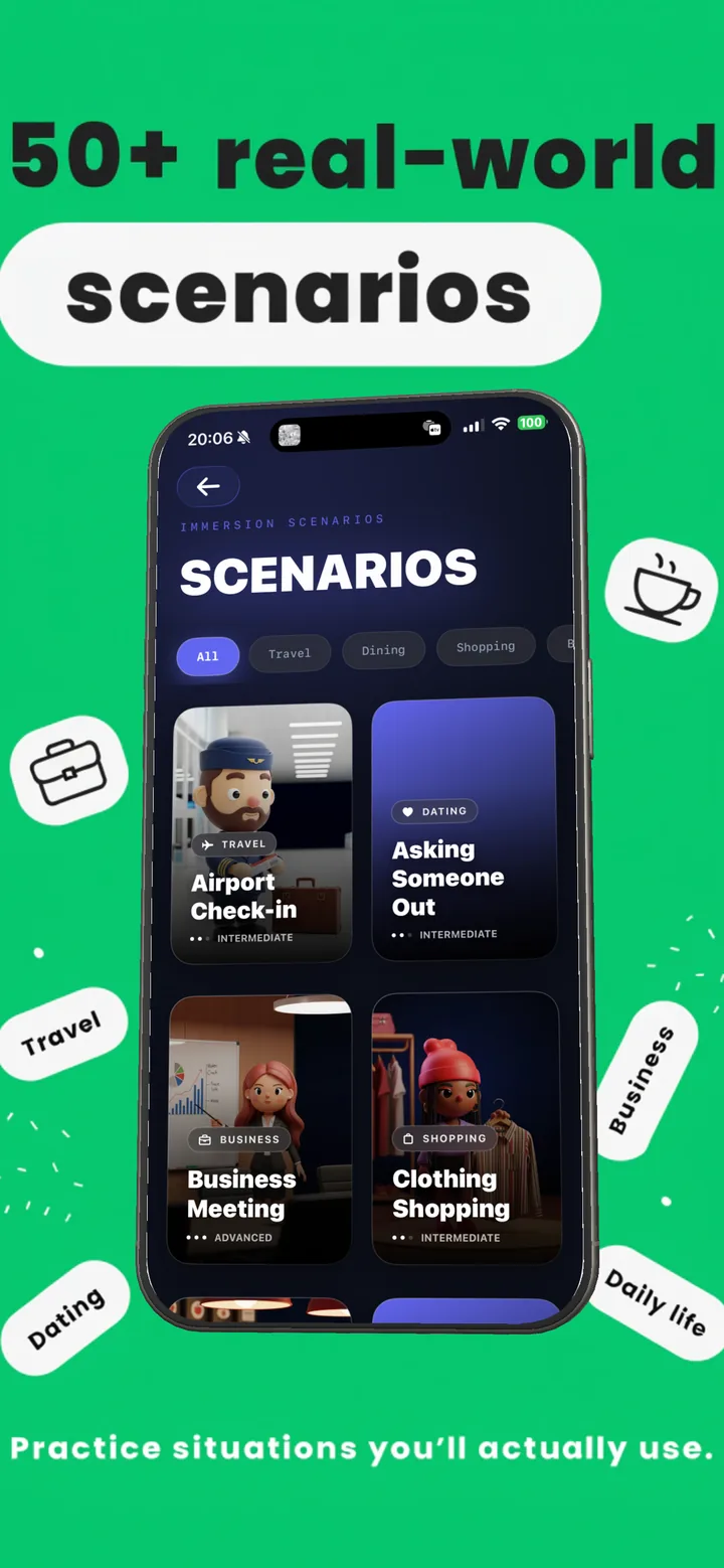 Nomino scenario picker with travel, business and dating conversations