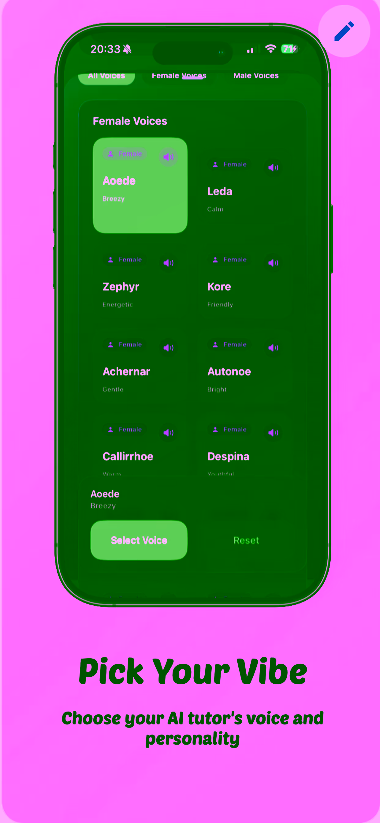 Voice selection screen showing different AI coach personalities